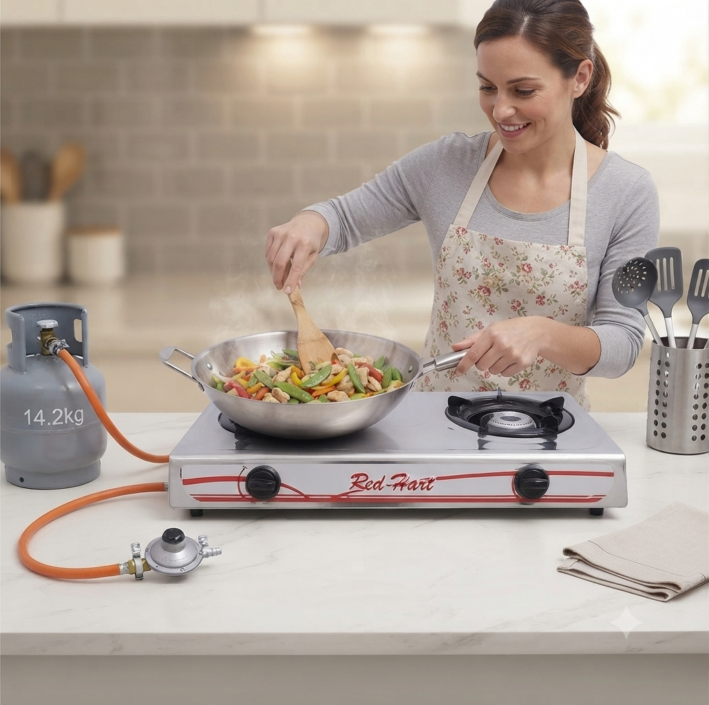 2-Burner Stainless Steel Gas Stove with Hose and Regulator