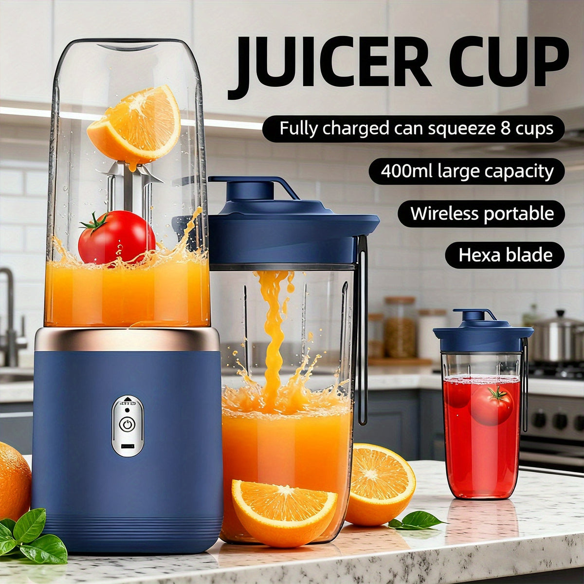 Portable 2-in-1 Rechargeable Blender and Juicer with Dual Cups