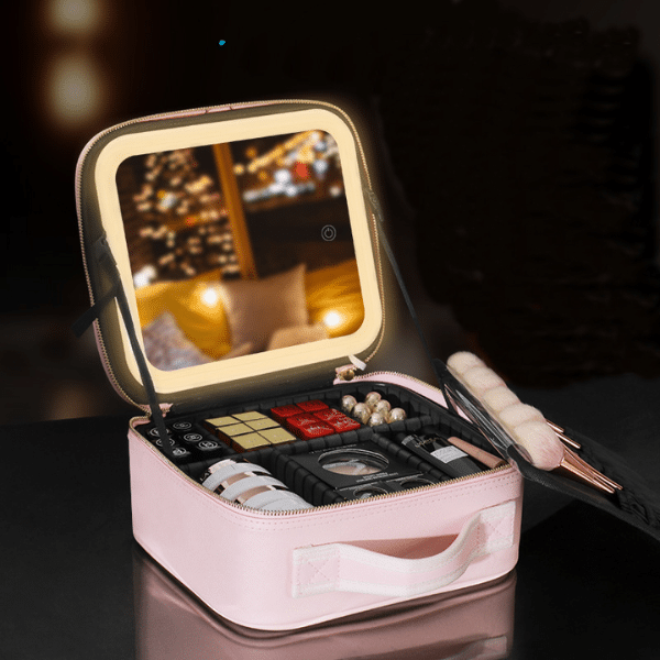 Portable Makeup Organiser Storage Box with LED Light and Mirror