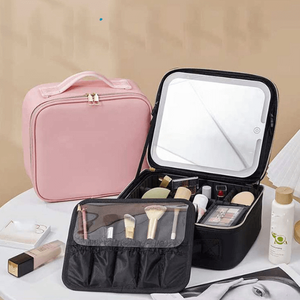 Portable Makeup Organiser Storage Box with LED Light and Mirror
