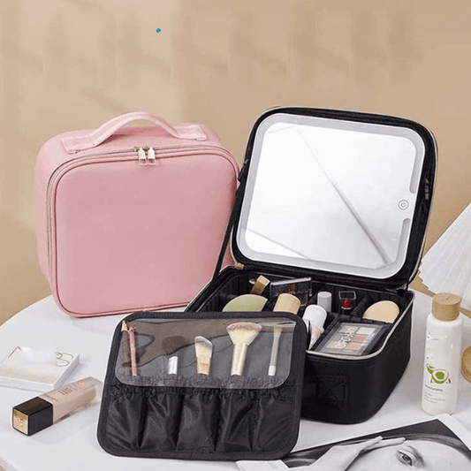 Portable Makeup Organiser Storage Box with LED Light and Mirror