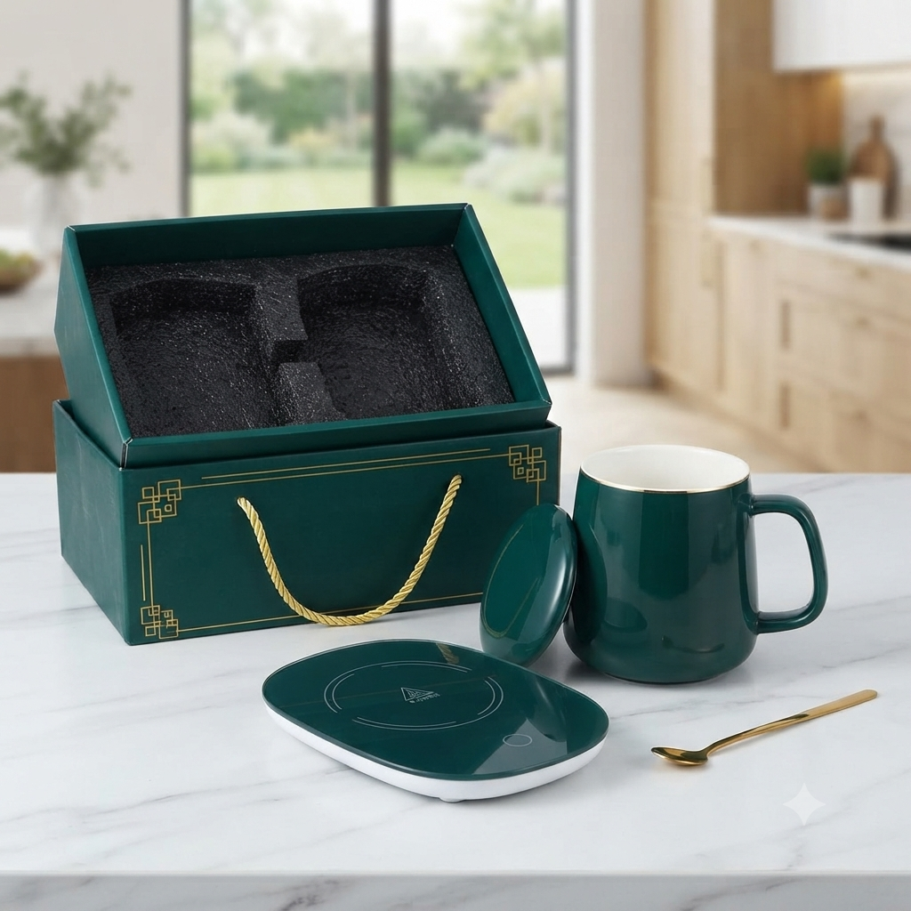 Ceramic Coffee Mug Set with Warming Coaster 400ml