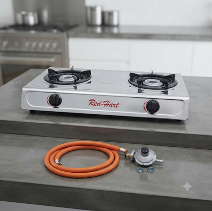 2-Burner Stainless Steel Gas Stove with Hose and Regulator