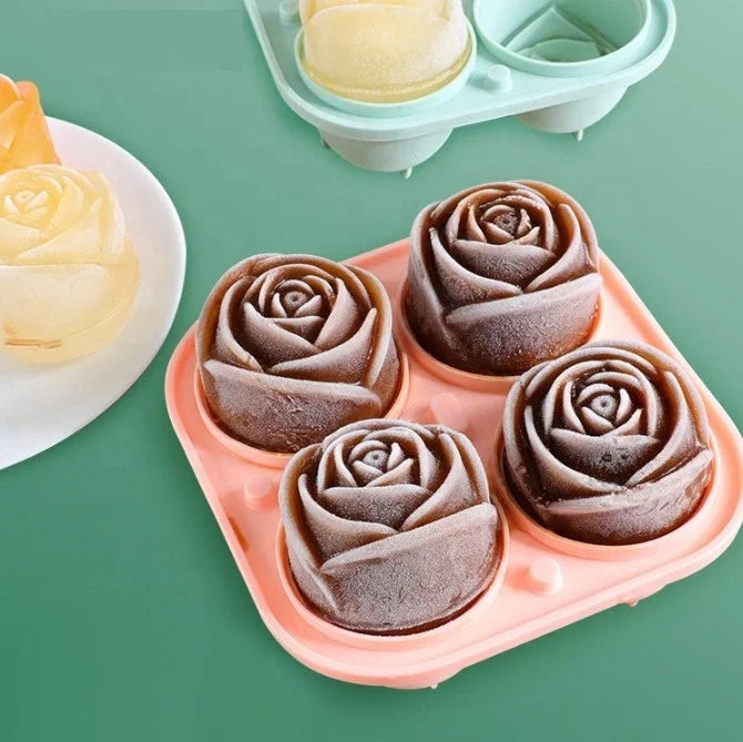 4-Cavity Silicone Rose Shaped Ice Cube Tray with Lid