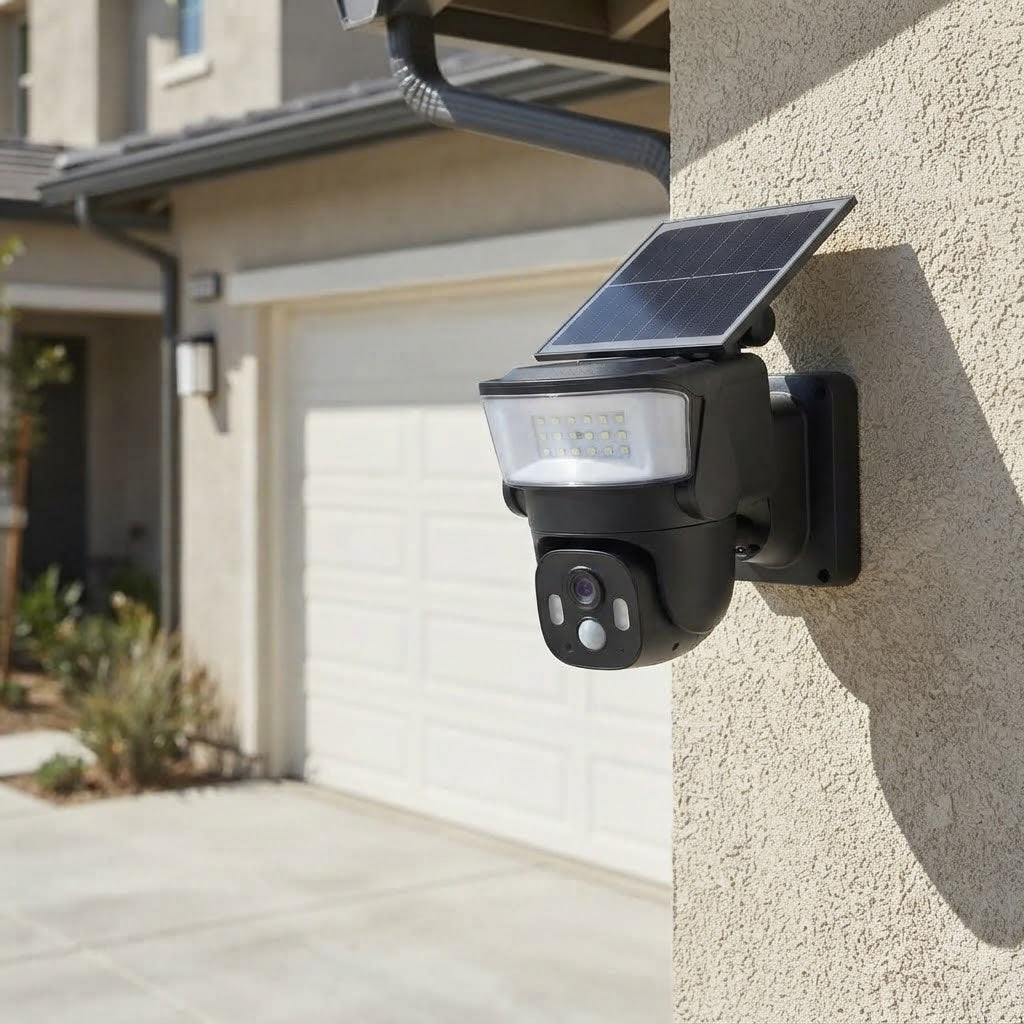 Solar-Powered Security Camera with Integrated LED Floodlight