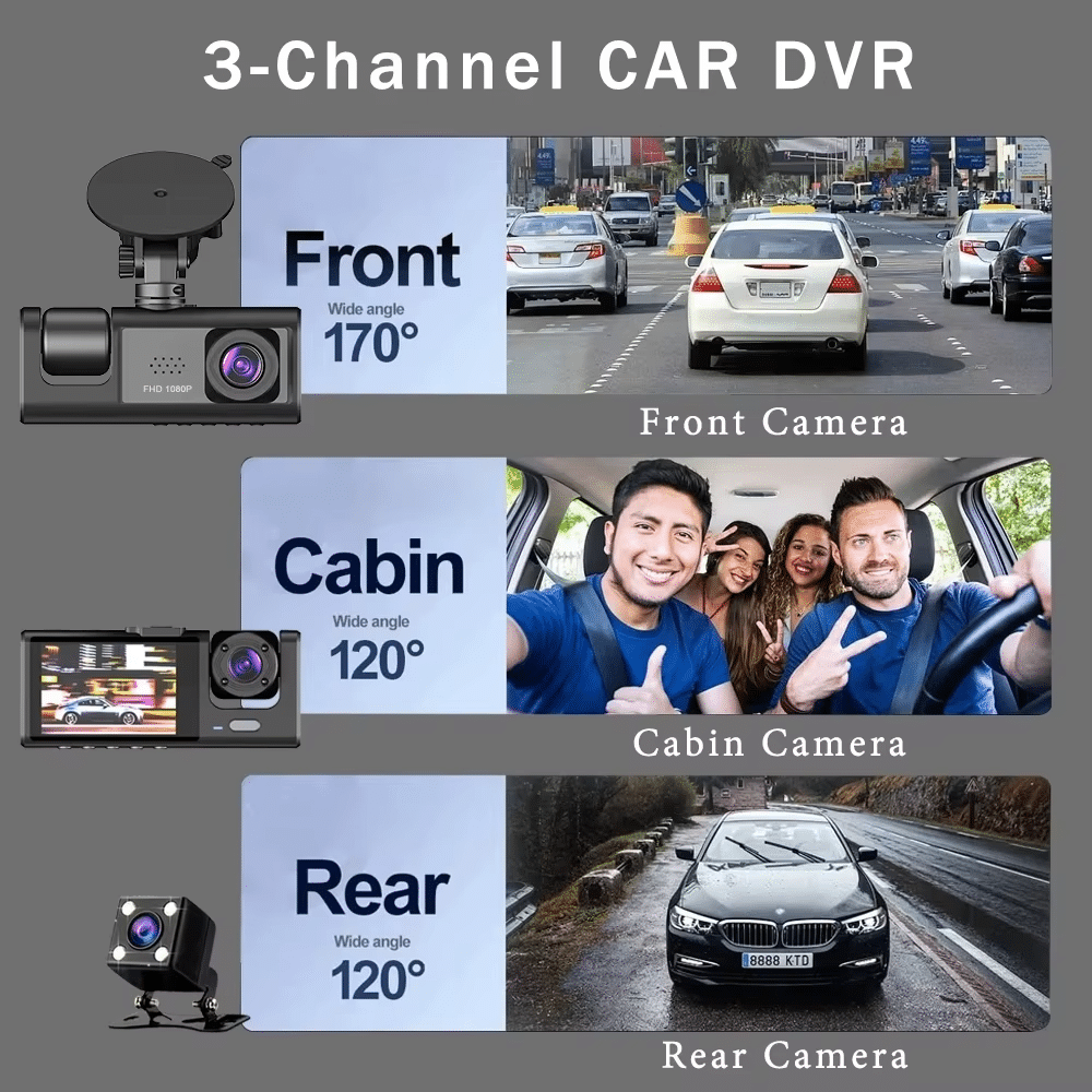 Three-Way DVR Dash Camera Front Rear and Interior Car Recorder