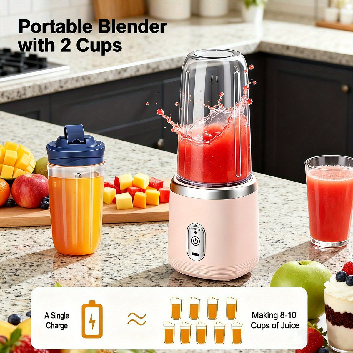 Portable 2-in-1 Rechargeable Blender and Juicer with Dual Cups