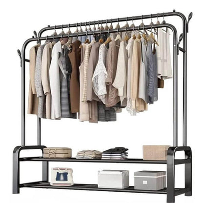 Freestanding Double Pole Garment Rack with Bottom Shelves