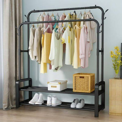 Freestanding Double Pole Garment Rack with Bottom Shelves