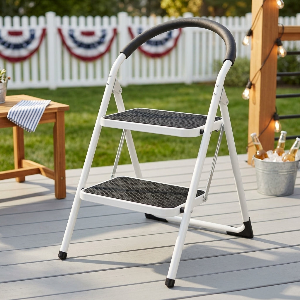 Modern 3-Step Folding Steel Stool with Storage Shelf